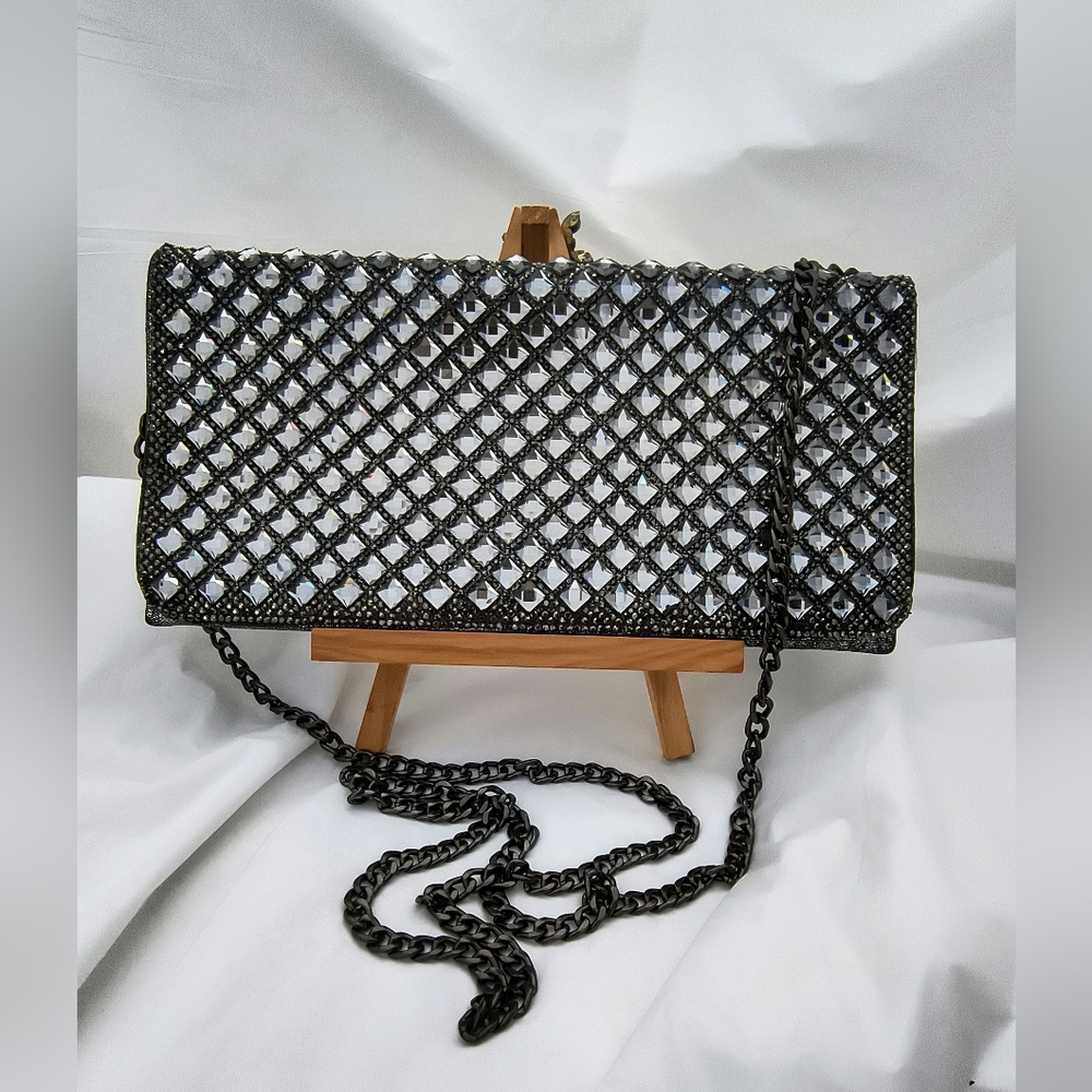 Elegant STARLET Black Chain Silver Rhinestone Clutch